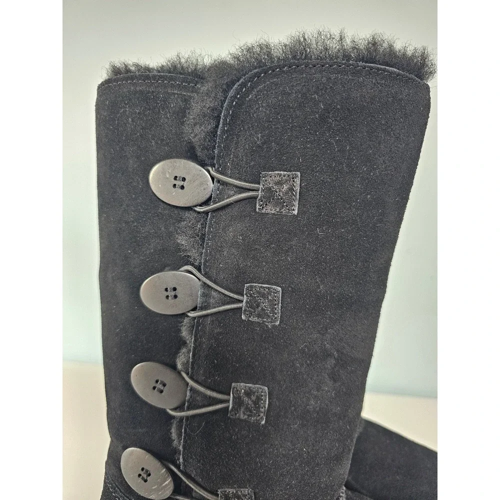 Winter Cozy Bearpaw Emma Toggle Tall Boots Women 8 Black Suede Faux Fur Lining